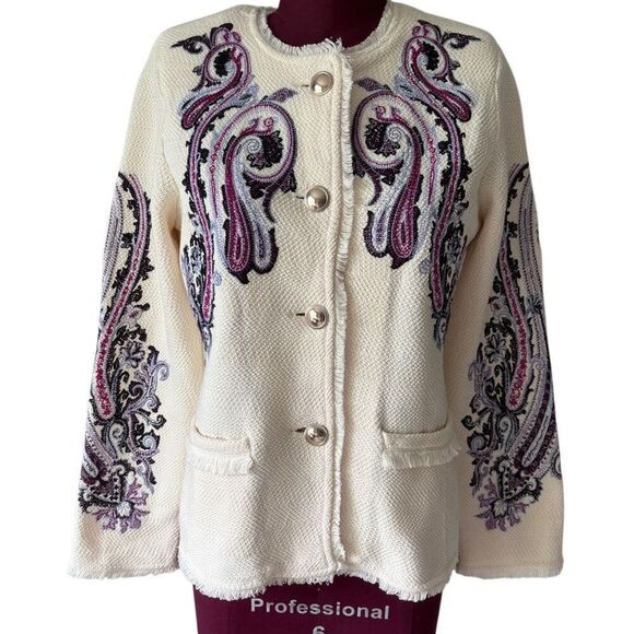 Chico’s Embroidered Paisley Lady Jacket size 1 US M Cream Purple Button Front - Picture 4 of 14